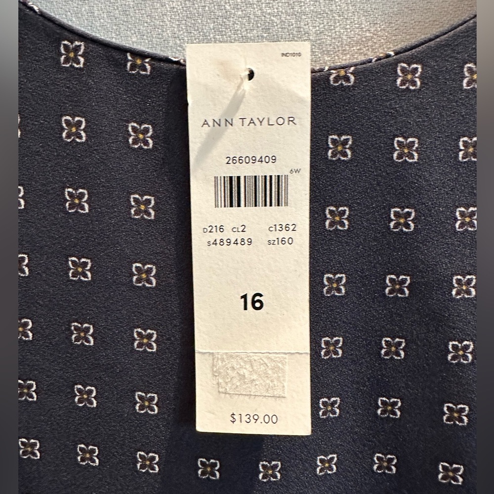 NWT ANN TAYLOR Shift dress with Bishop sleeves, blue geometric detail SIZE 16, - Picture 3 of 8